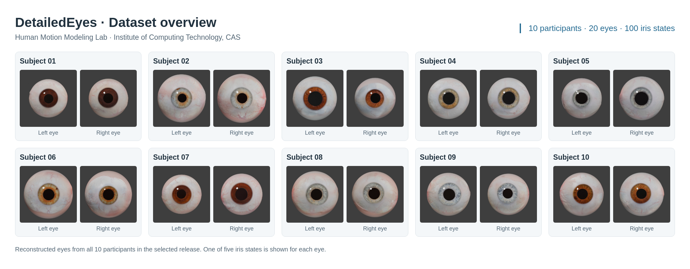 Reconstructed left and right eyes of all 10 participants in the selected DetailedEyes@CAS release